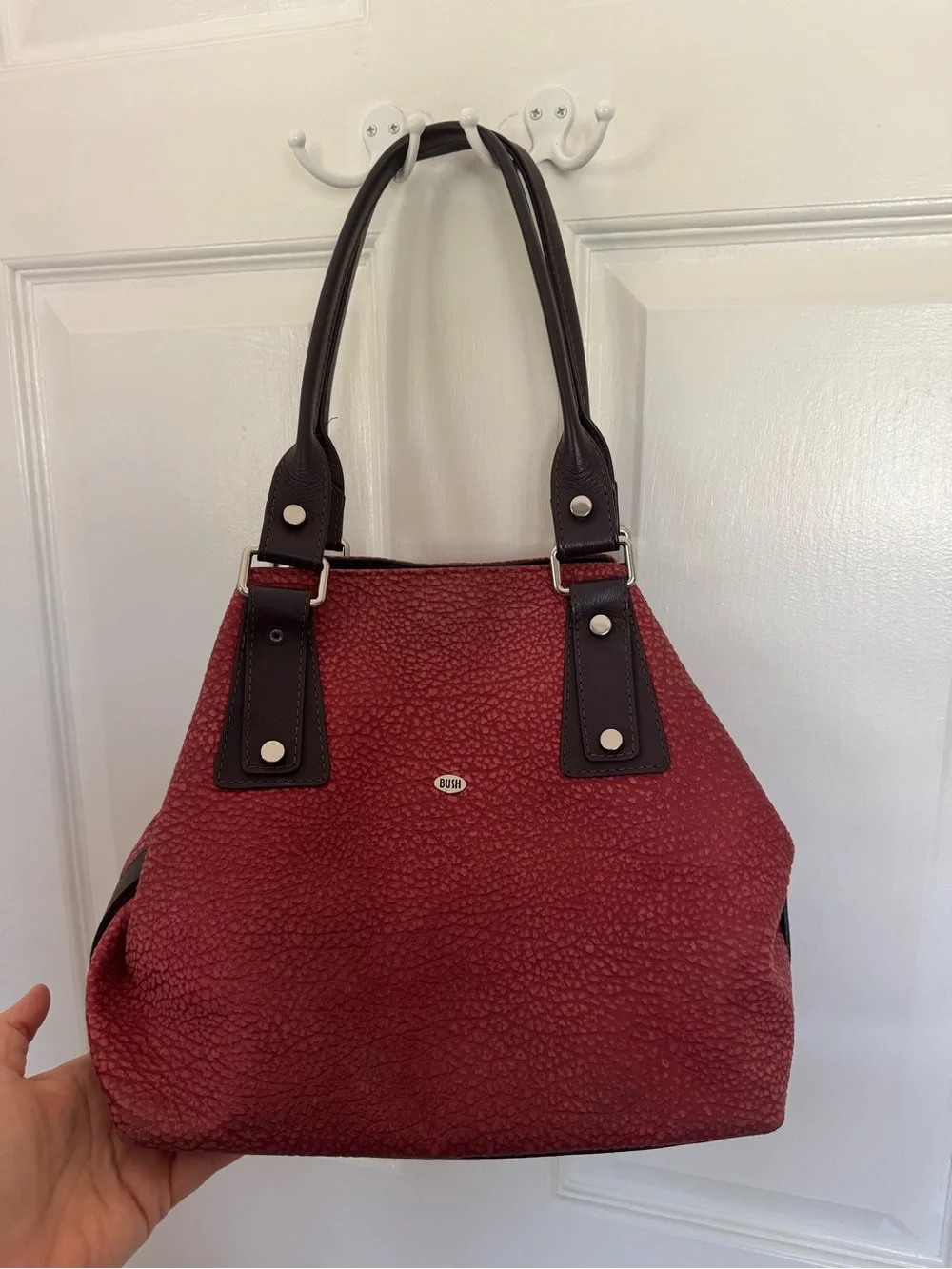 NWOT Bush Kangaroo leather bag made in Australia. Berry color w/brown trim.